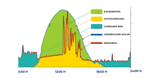 Gráfica comparativa de consumo, excedentes vertidos y autoconsumo